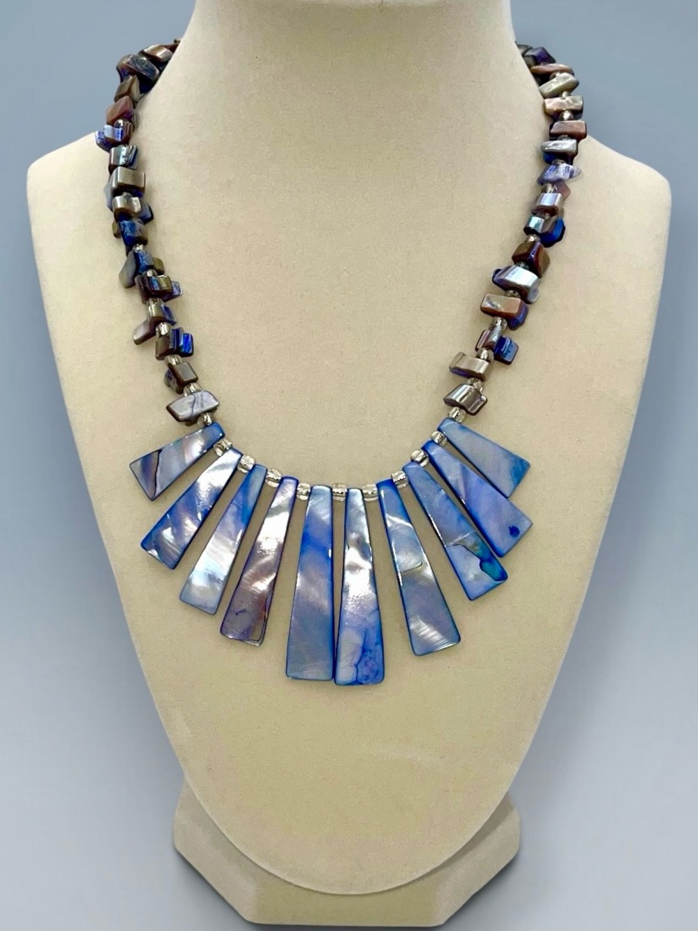 Vintage Blue & Grey Iridescent Shell Bib Statement Necklace Coastal Boho